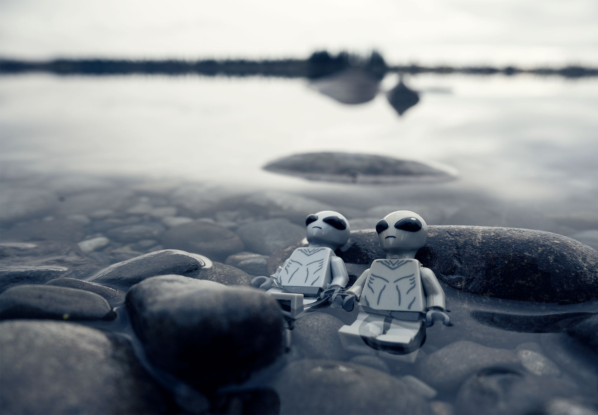 Lego Aliens resting by a lake