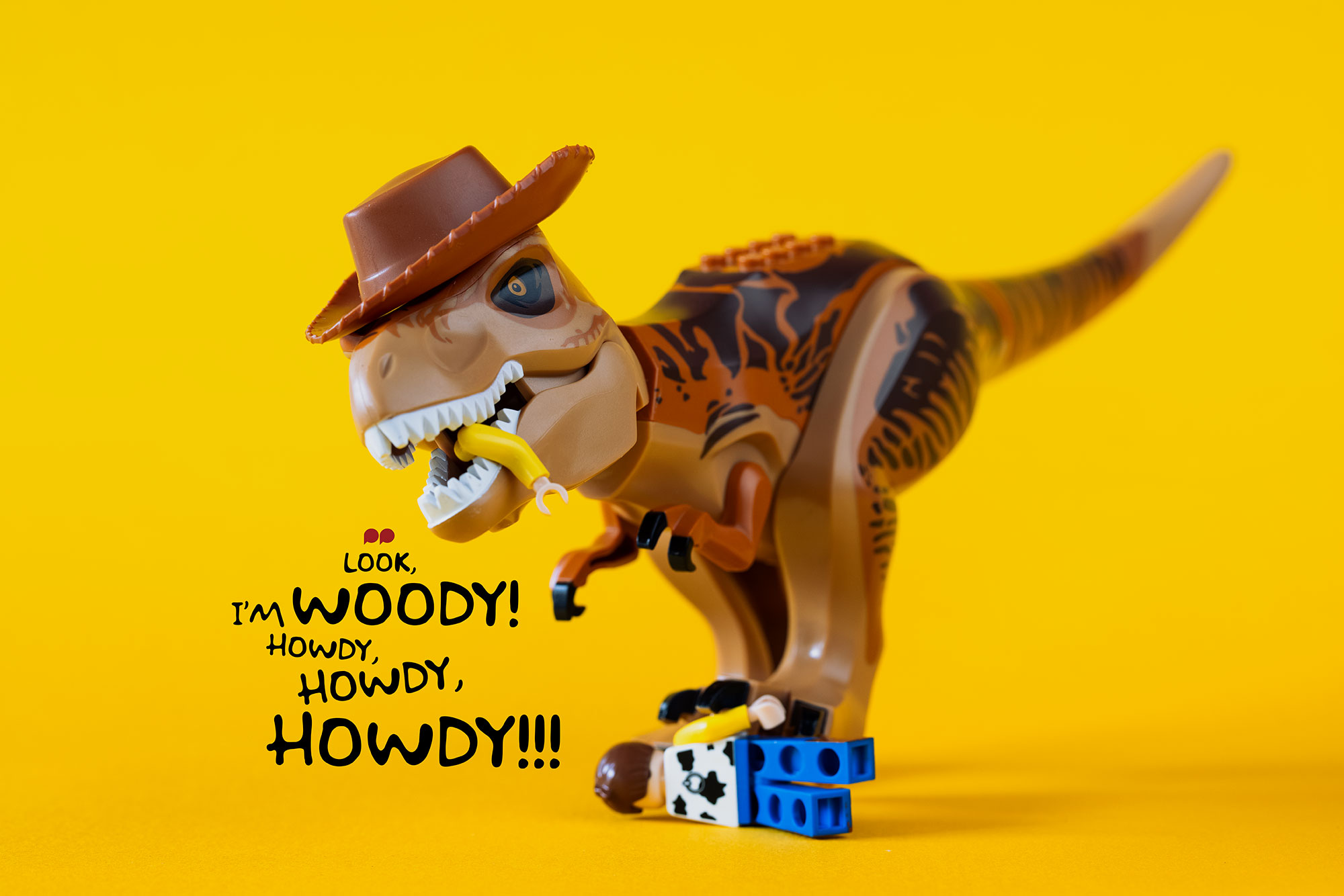 Lego Trex chewing Woody from Toy Story