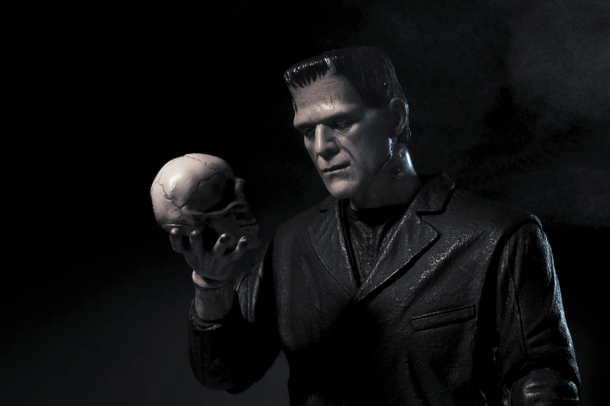 Frankenstein monster holding a skull